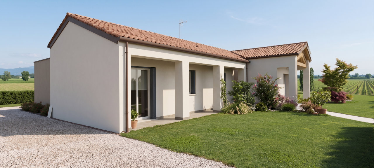 Il rendering di una delle case del parco residenziale Lietta, applicato ad una foto del terreno
