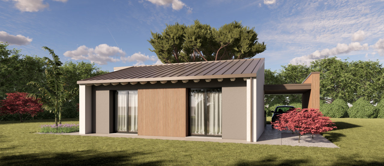Il rendering di una delle vista sud di una delle case del parco residenziale Lietta